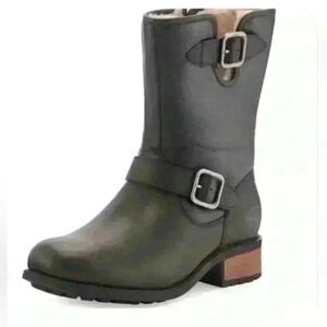 UGG Chaney Oiled Leather Boot in Black with Zipper and Buckle Details